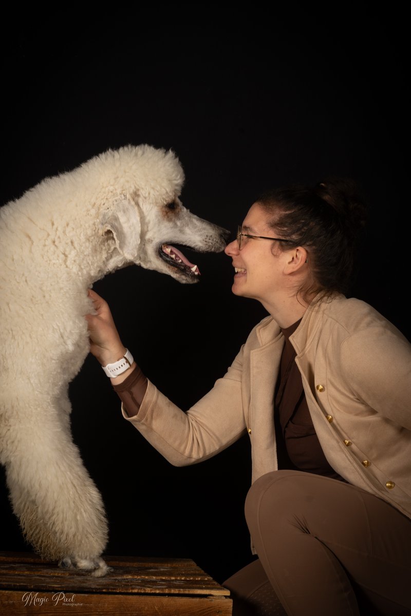 Amandine Creten en pleine complicité avec un caniche royal, relation de confiance
